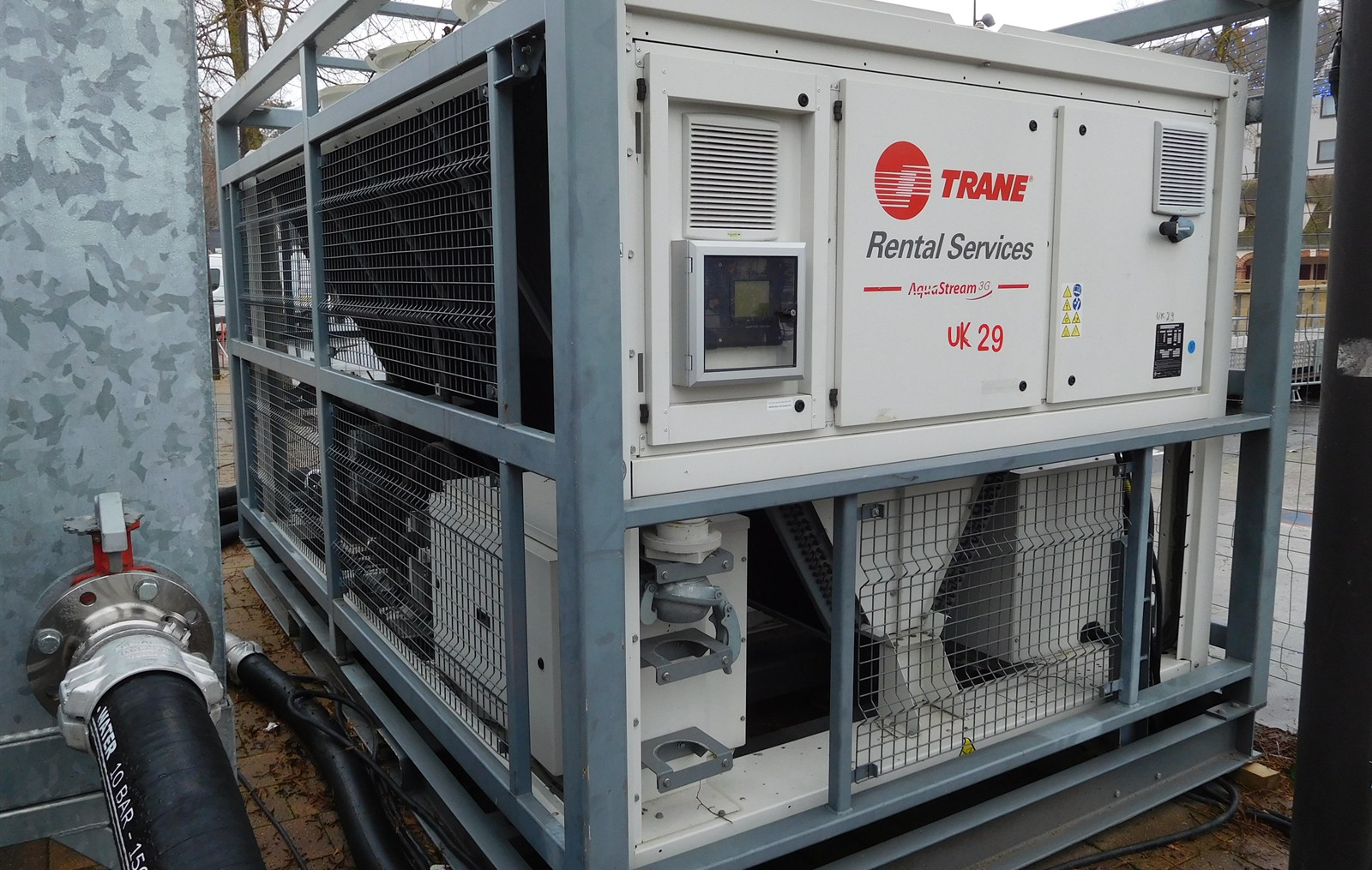 A Trane AquaStream air-cooled liquid chiller unit for commercial building cooling